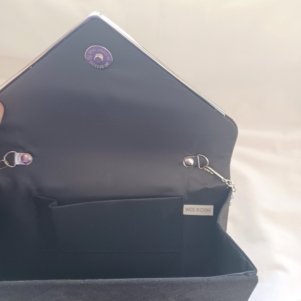 Black Velvet Envelope Clutch Purse with Silver Chain Strap Formal Bag Unbranded - Picture 7 of 8